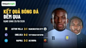 Kết quả bóng đá đêm qua 25/10/2026: Aston Villa thắng Man City